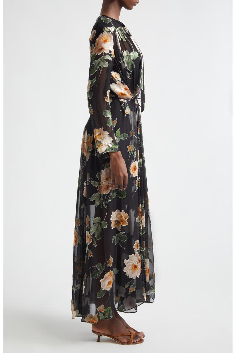 Luna Floral Long Sleeve Silk Burnout Maxi Dress, Alternate, color, BLACK ROSE