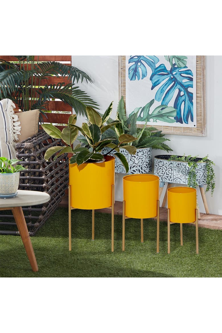 Yellow Metal Contemporary Planter with Removable Stand - Set of 3, Alternate, color, YELLOW