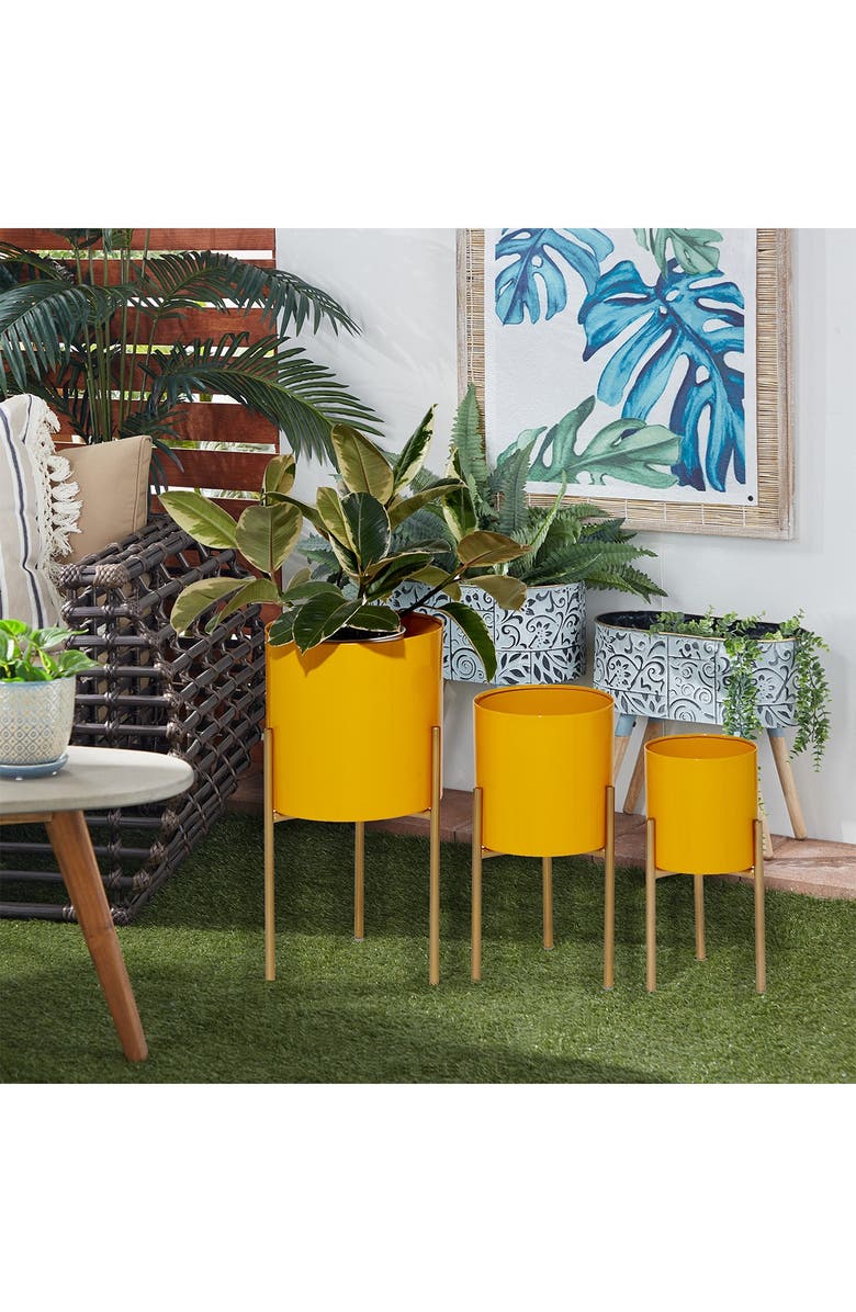 GINGER BIRCH STUDIO Yellow Metal Contemporary Planter with Removable Stand - Set of 3, Alternate, color, Yellow