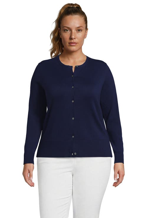Plus Size Fine Gauge Cotton Crew Cardigan Sweater