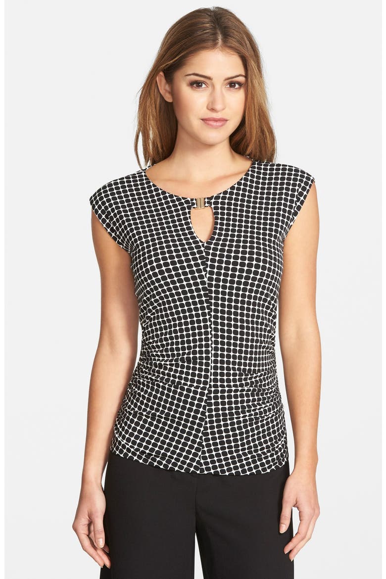 'Graphic Boxes' Hardware Detail Print Keyhole Neck Cap Sleeve Top, Main, color, RICH BLACK