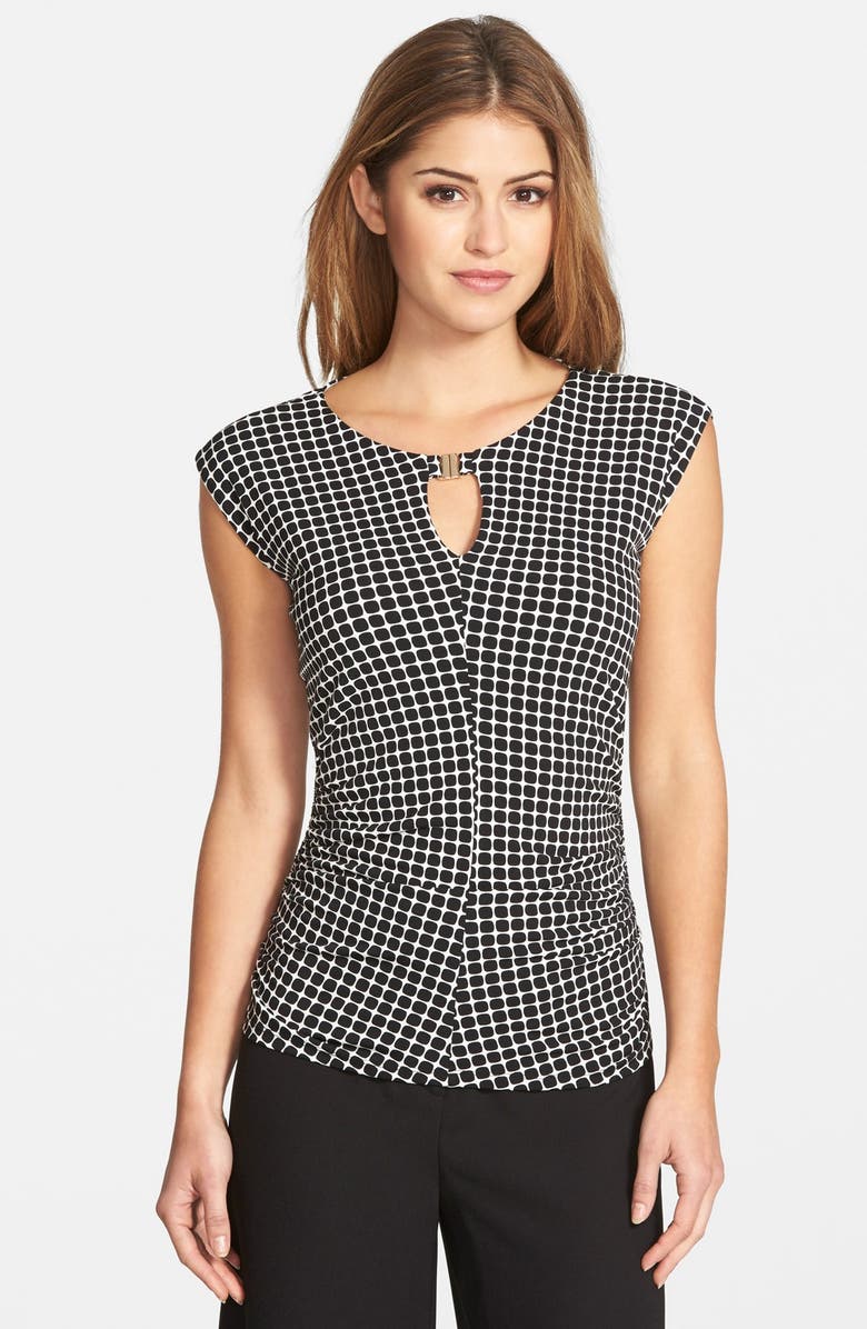 Vince Camuto 'Graphic Boxes' Hardware Detail Print Keyhole Neck Cap Sleeve Top, Main, color, 