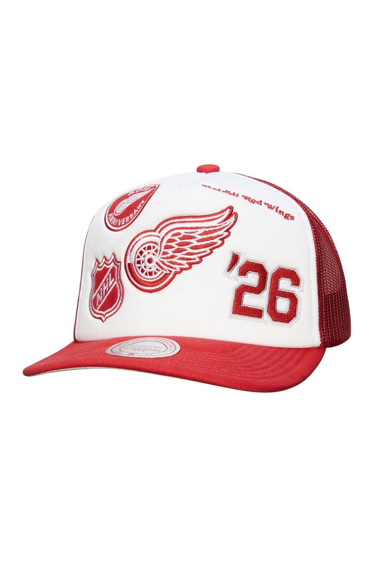 Men's Mitchell & Ness White/Red Detroit Red Wings Gridlock Trucker Adjustable Hat, Main, color, White