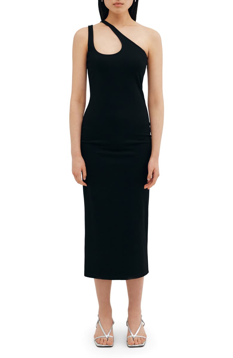 Two Lines by Marcella Norwood One-Shoulder Midi Dress, Main, color, Black