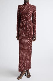 Stella McCartney Polka Dot Mesh Long Sleeve Ruched Maxi Dress
