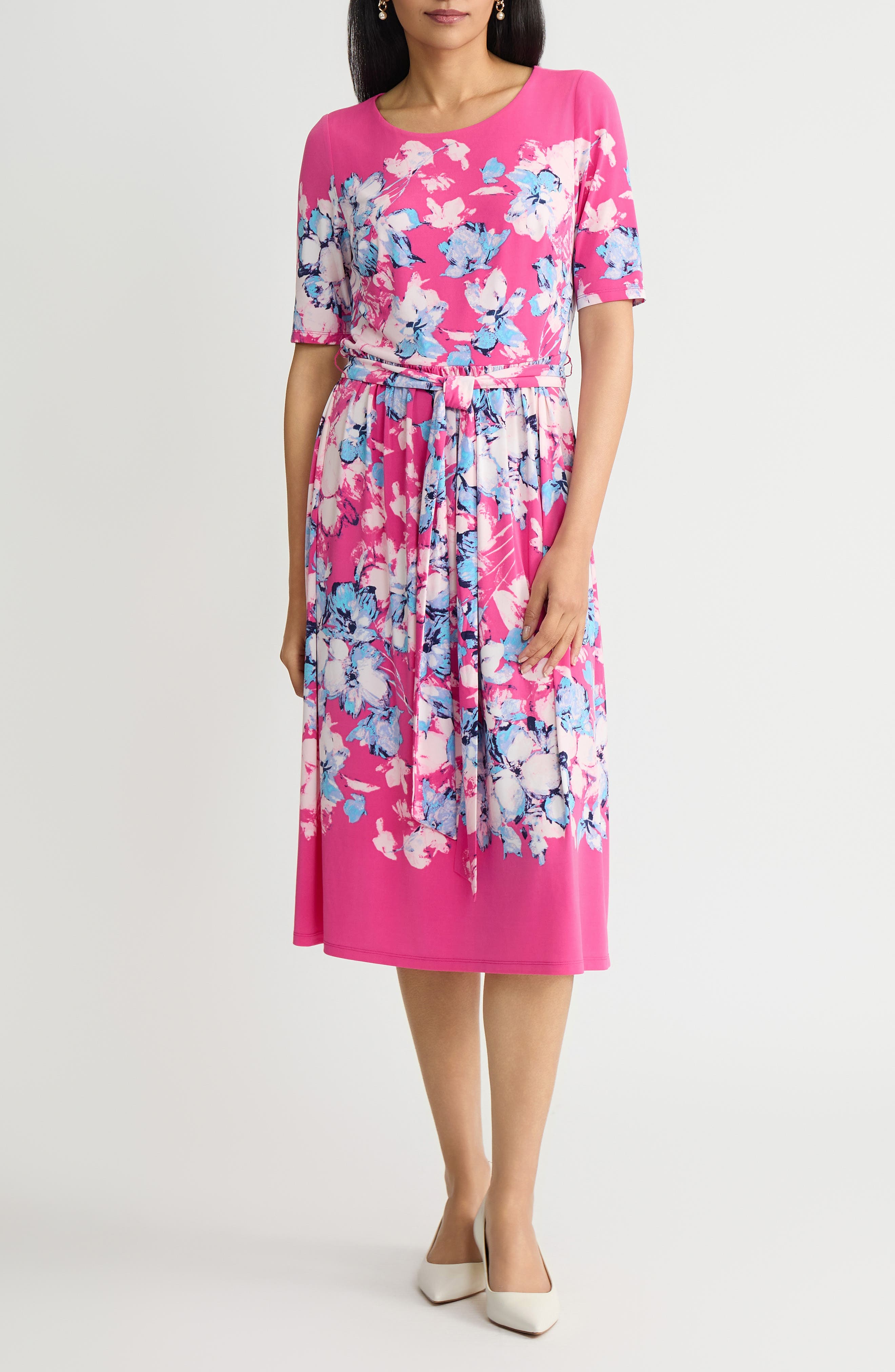 Kasper Floral Shirred Tie Belt Dress In Pink