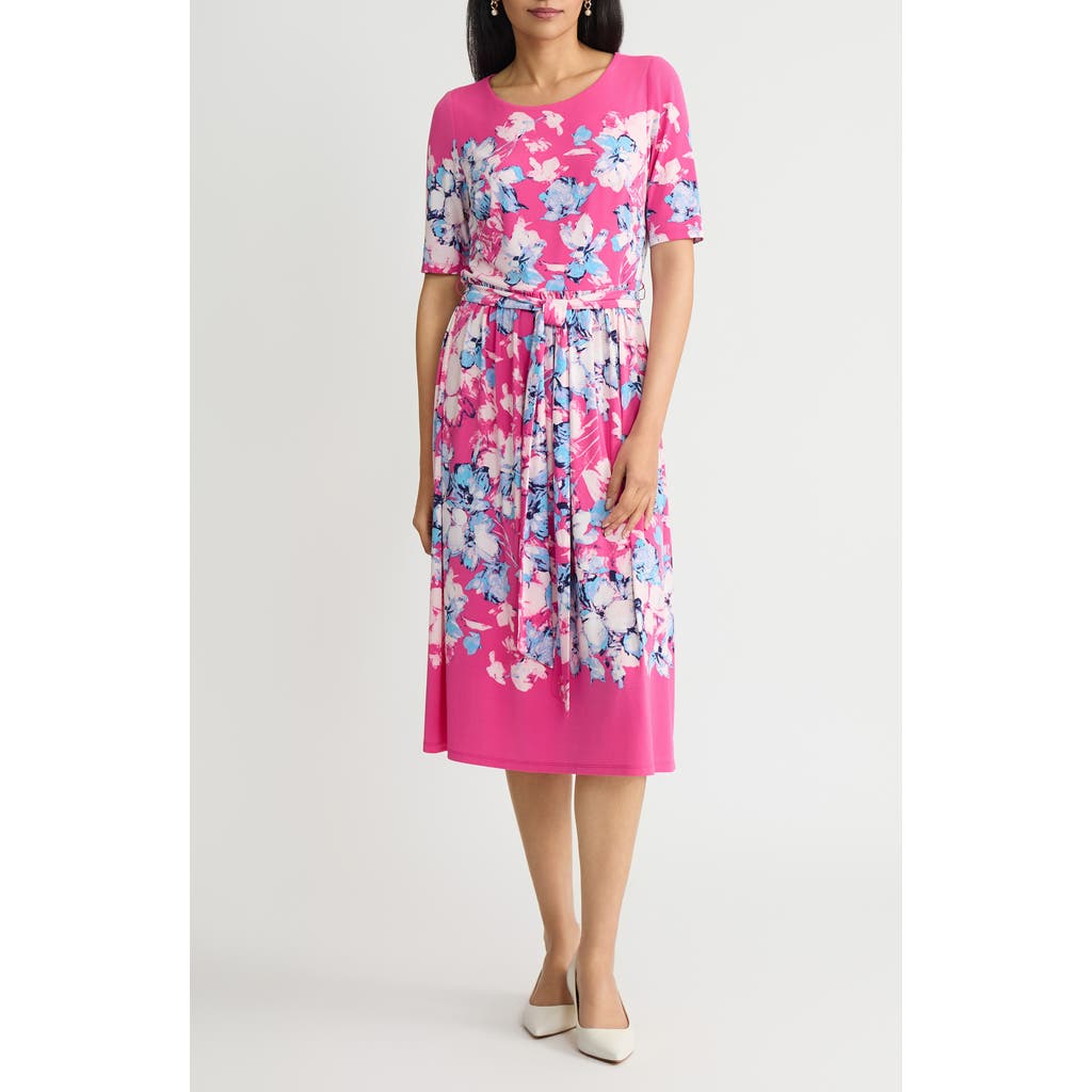 Kasper Floral Shirred Tie Belt Dress In Pink