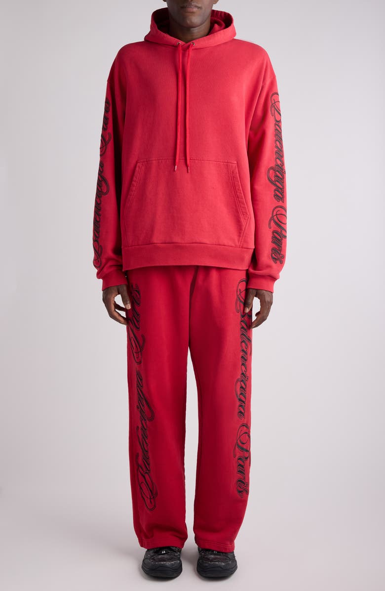 Balenciaga Big B Cursive Logo Embroidered Oversize Dry Fleece Hoodie, Alternate, color, 6167 Red/ Black