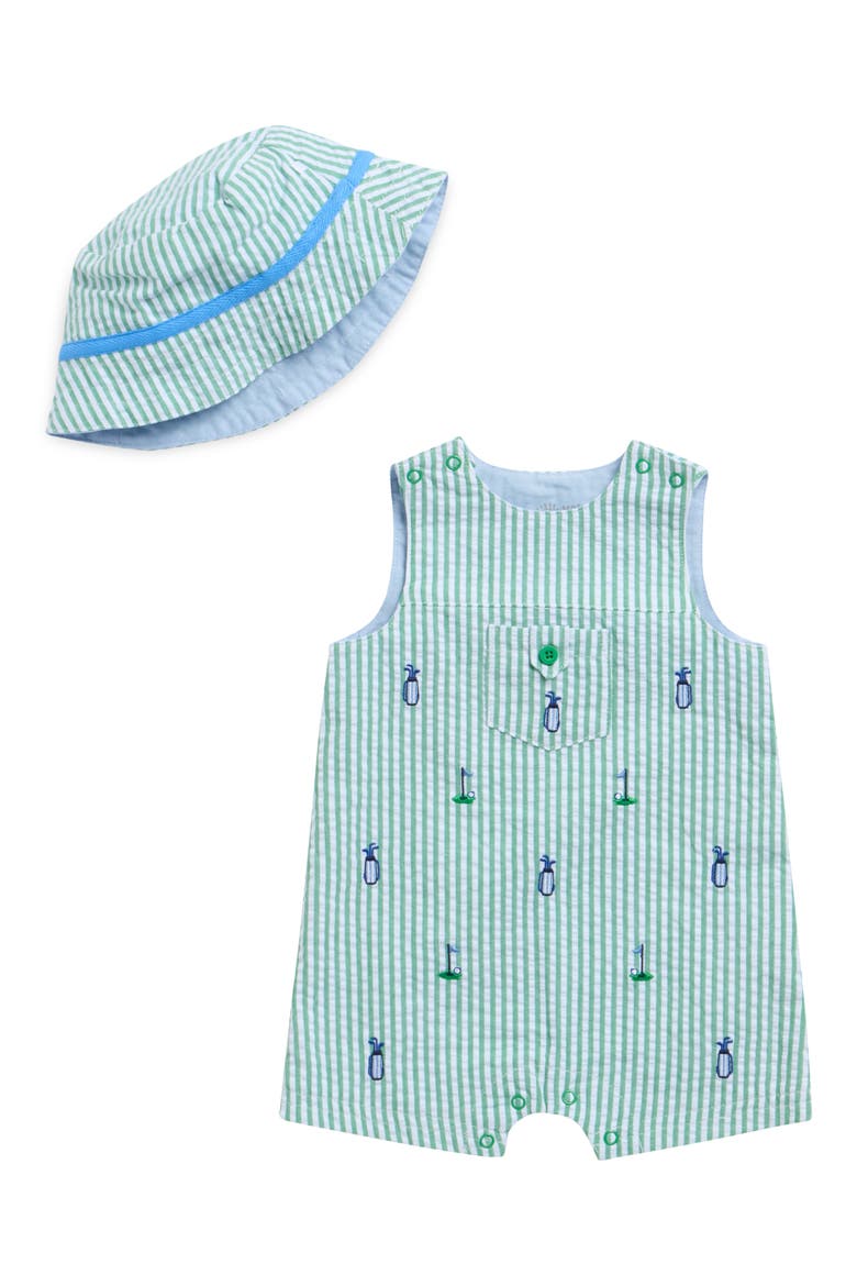 Golf Embroidered Cotton Romper & Hat Set, Main, color, GREEN