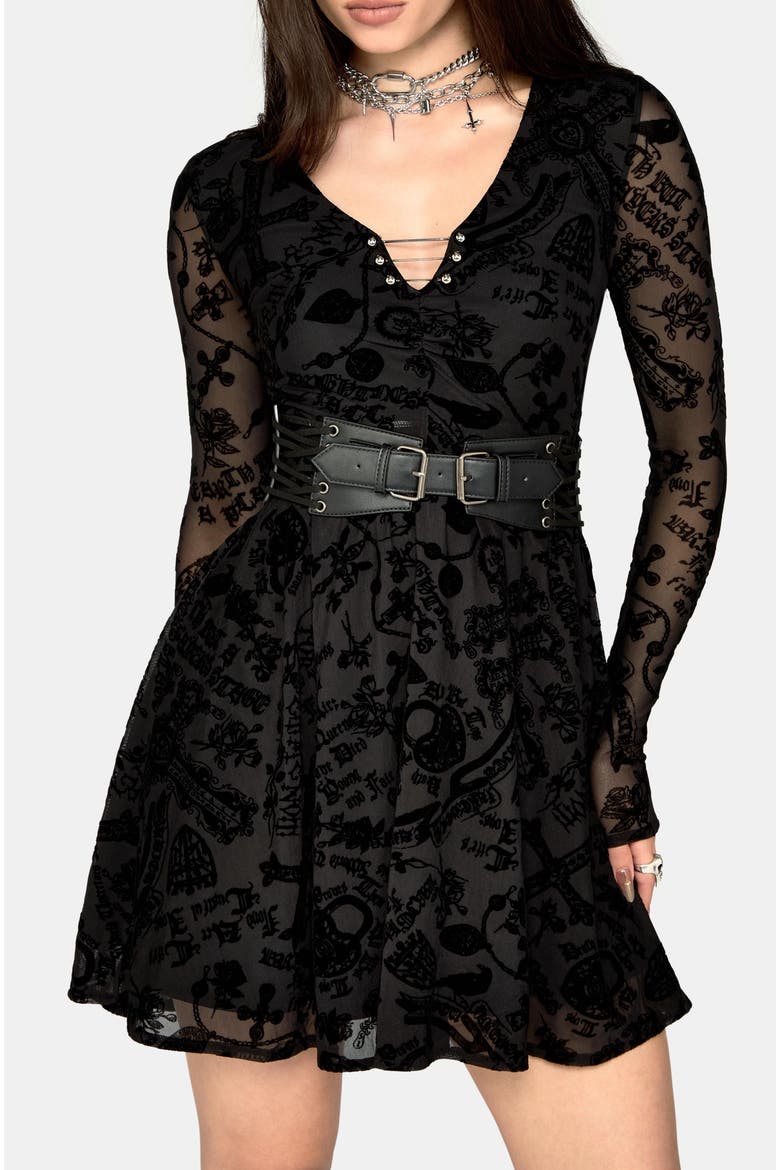Sanct Flocked Long Sleeve Mini Dress, Alternate, color, Black