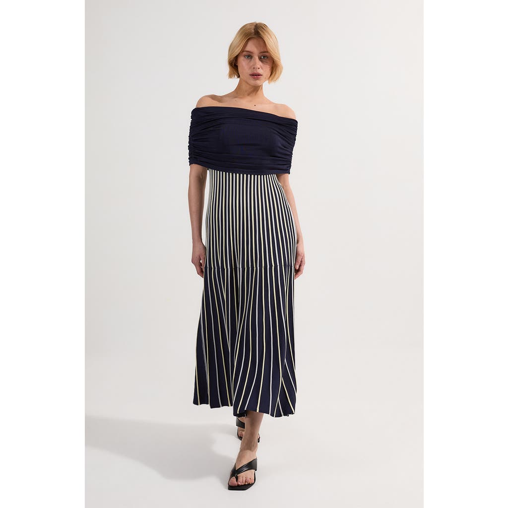 Karen Millen Striped Bardot Knitted Maxi Dress In Blue