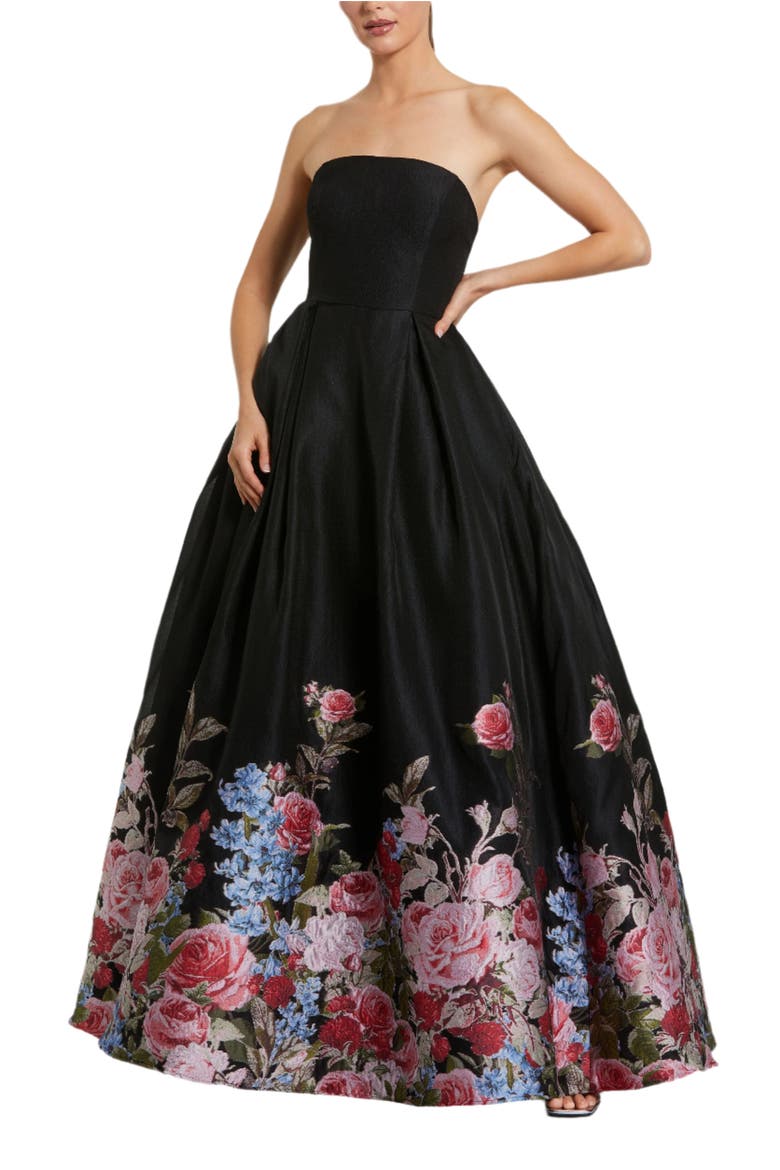 Strapless Floral Brocade Ballgown, Main, color, Black Multi