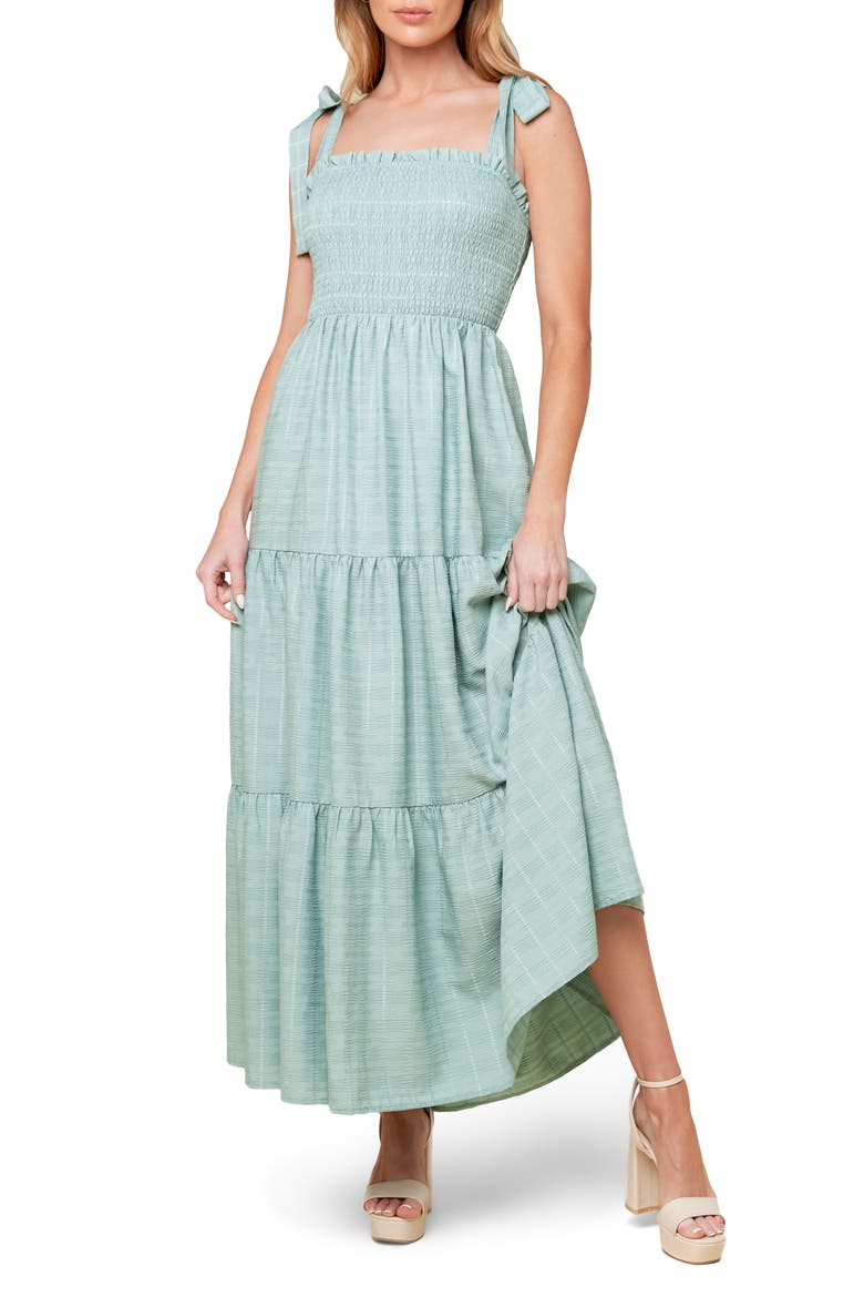 Tie Strap Smocked Tiered Maxi Dress, Main, color, DUSTY TEAL