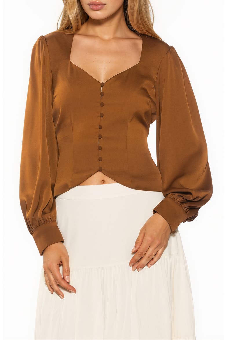 Romy Sweetheart Neck Button-Up Shirt, Main, color, BROWN