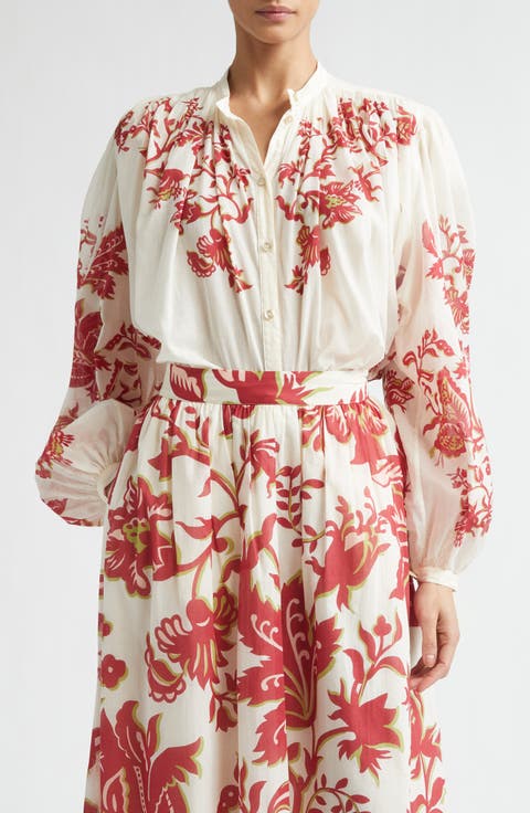 Placed Floral Print Peasant Top