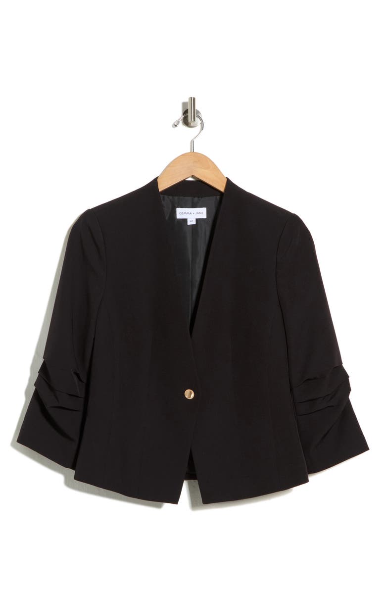Gemma + Jane Ruched Sleeve One-Button Blazer, Alternate, color, Black
