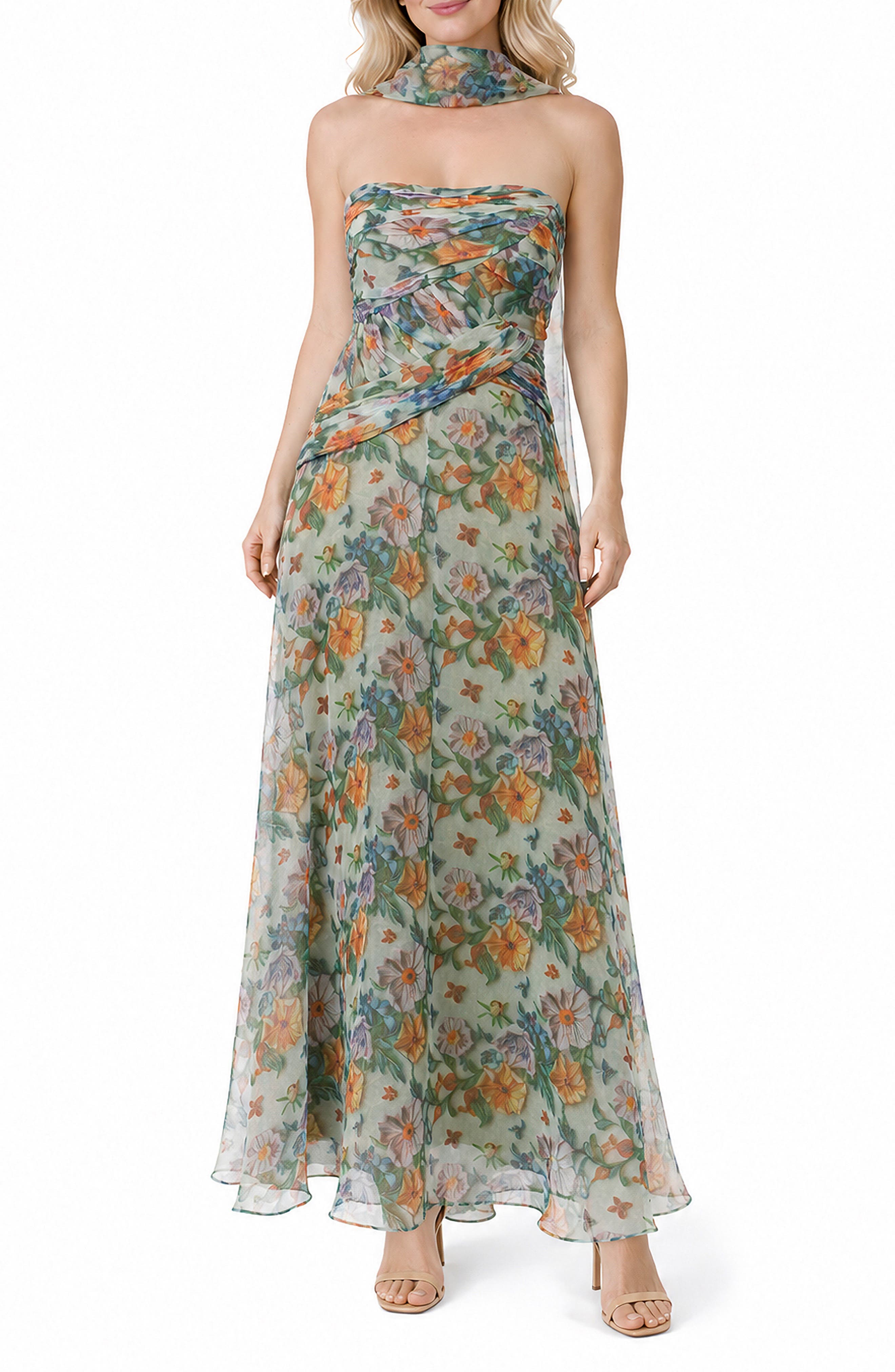 Floral Satin Organza Ball Gown with Scarf