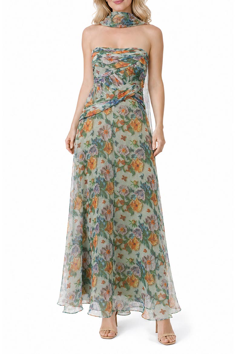 Floral Satin Organza Ball Gown with Scarf, Main, color, GREEN MULTI