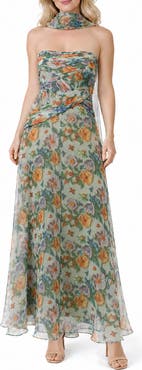 Oleg Cassini Floral Satin Organza Ball Gown with Scarf