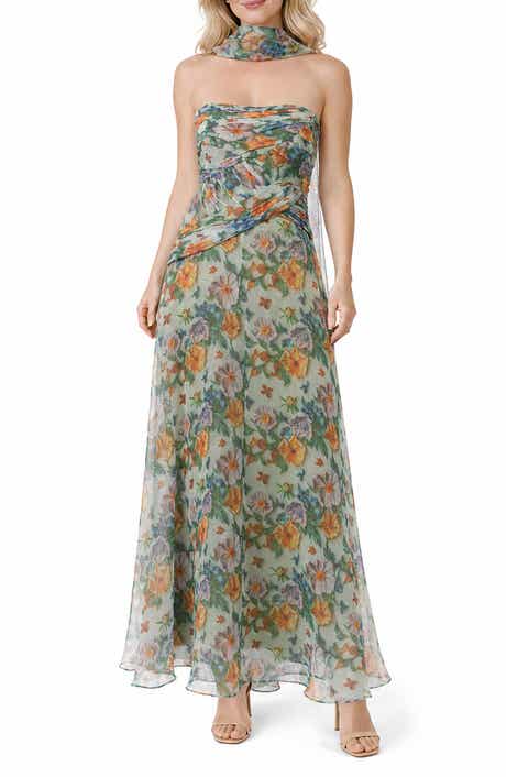 Floral Satin Organza Ball Gown with Scarf