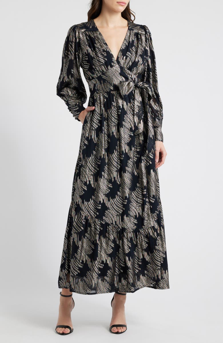 CIEBON Isa Metallic Long Sleeve Wrap Dress, Main, color, 