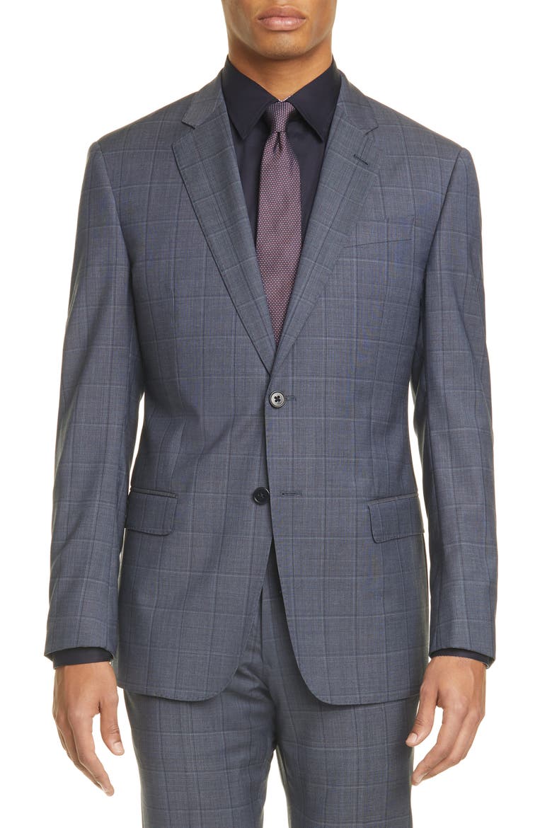G Line Trim Fit Windowpane Wool Suit, Alternate, color, GREY