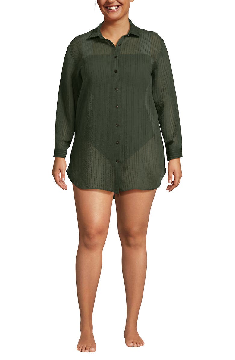 Lands' End Cotton Gauze Button Down Swim Cover-up Shirt Dress, Alternate, color, Rich Olive Green