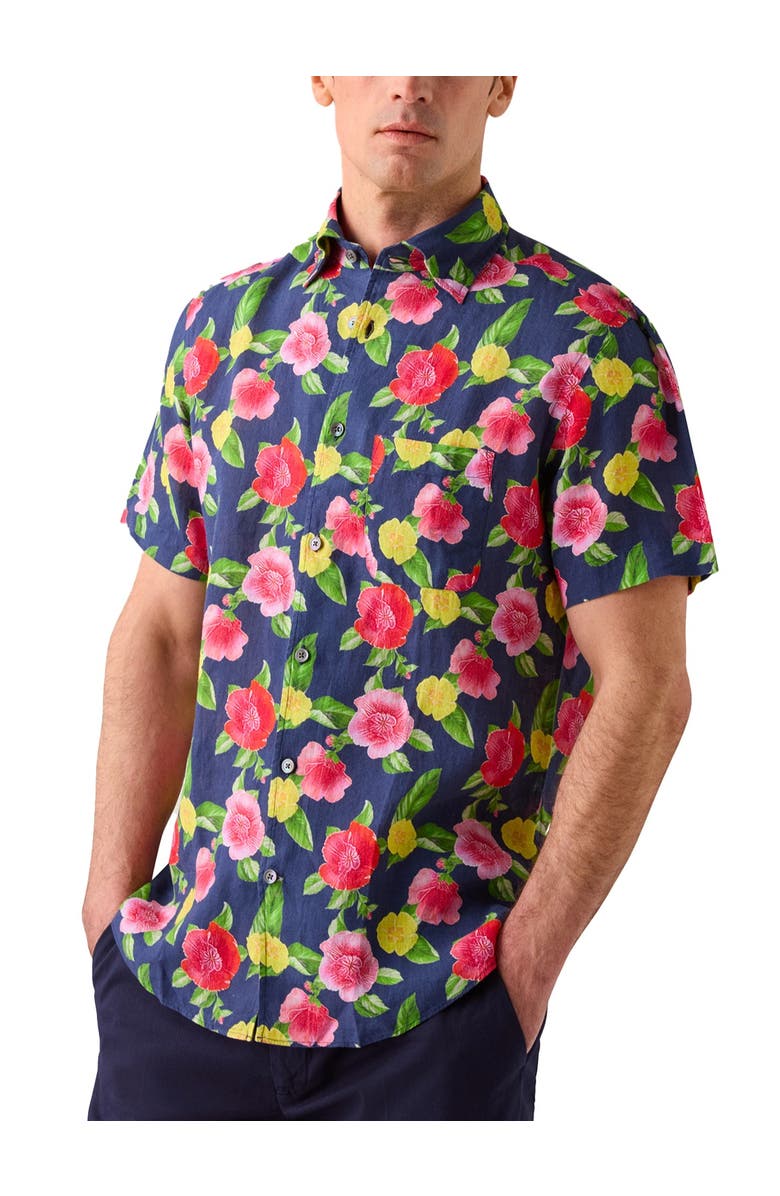 Robert Talbott Morgan Printed Linen Short Sleeve Shirt, Main, color, Navy