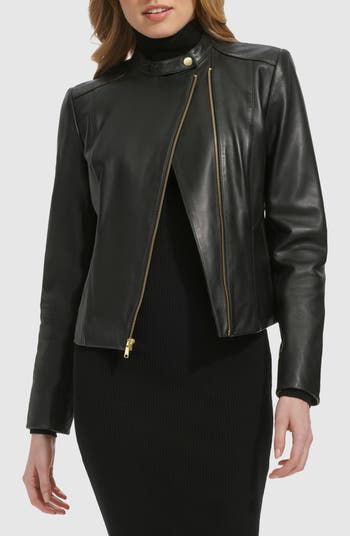 【Cole Haan】ジャケット/ Women's Shirt Collar Trucker Jacket Cole Haan Women's Leather Shirt Collar Jacket, Hazelnut