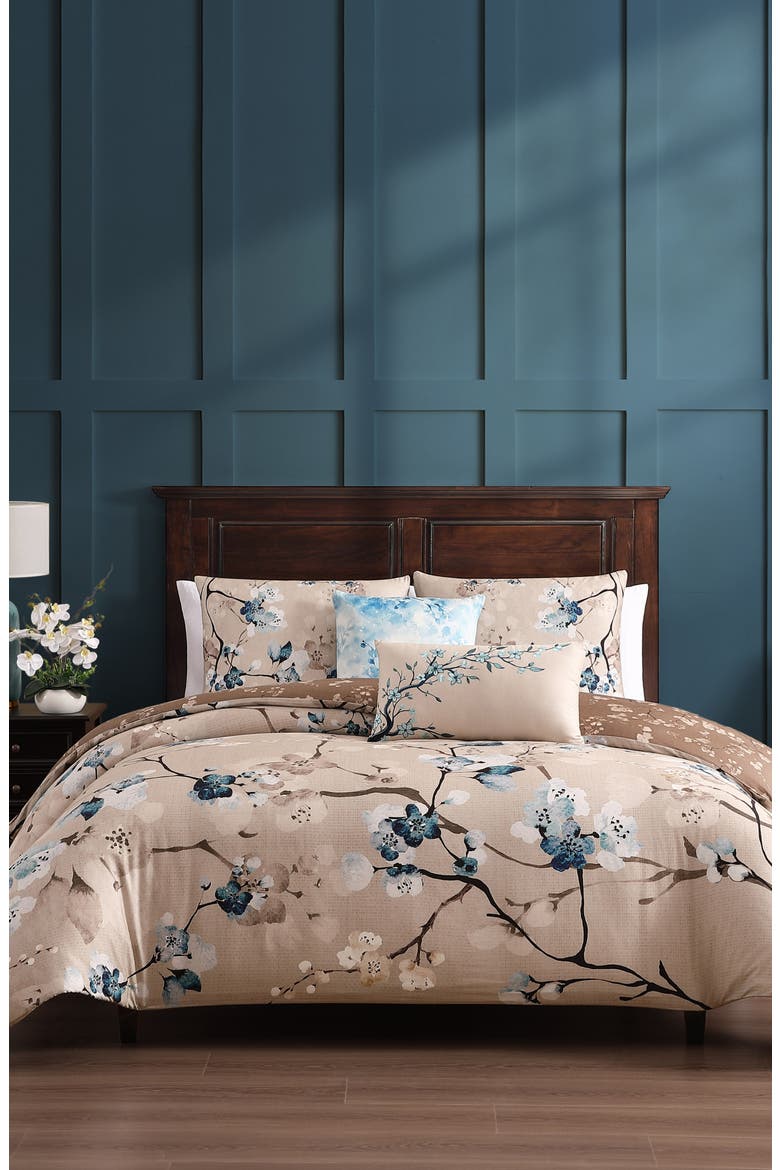 Blue Blossom Reversible 5-Piece Comforter Set, Main, color, BROWN