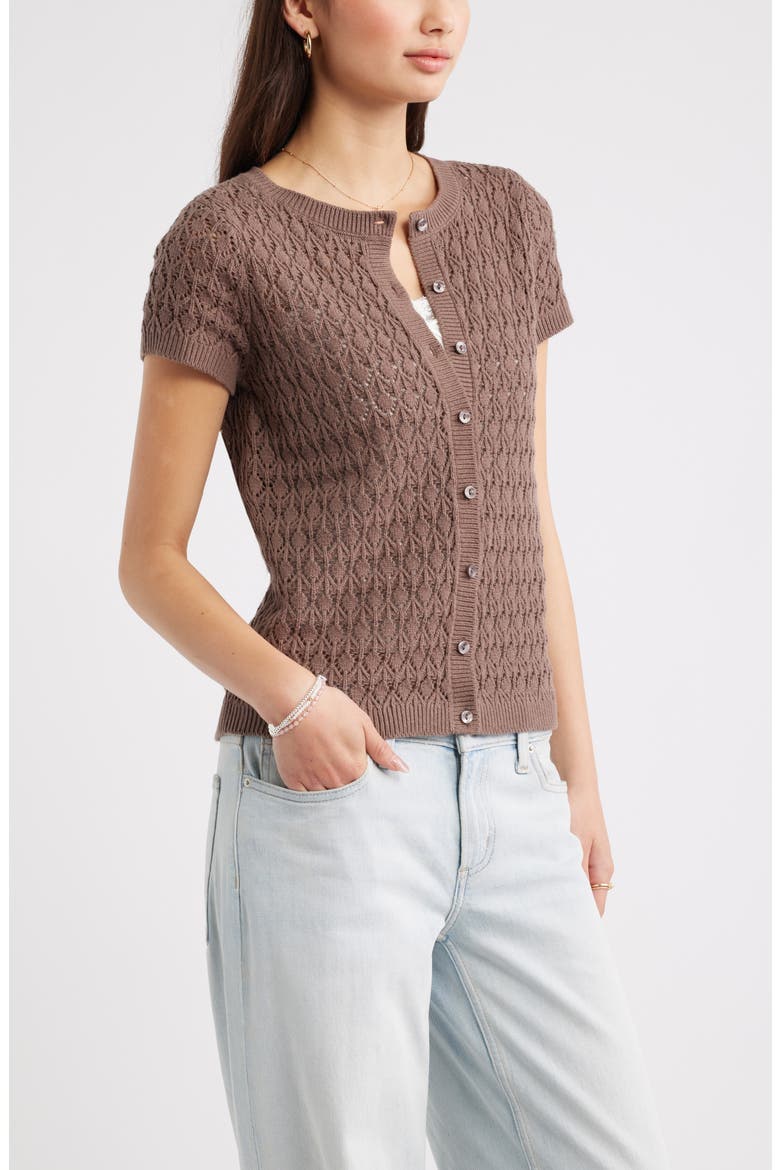 Pointelle Short Sleeve Cardigan, Alternate, color, BROWN QUARTZ