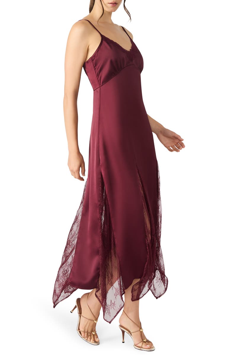 Steve Madden Delia Lace Trim Handkerchief Hem Satin Slipdress, Alternate, color, Wine