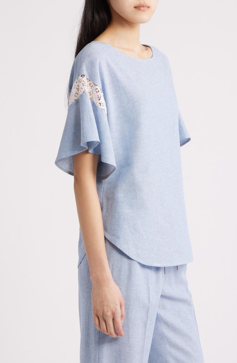 Anne Klein Lace Trim Flutter Sleeve Linen Blend Top, Alternate, color, Lagoon/ Crisp White