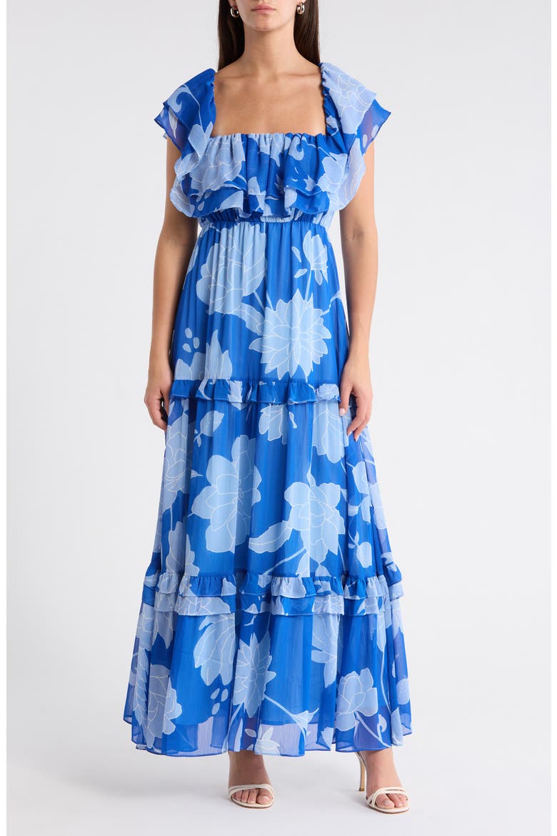 Floral Off the Shoulder Tiered Maxi Dress, Main, color, COBALT-BLUE