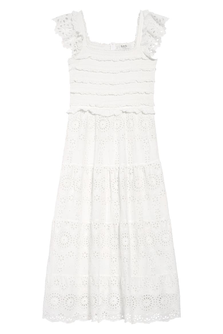 Sea Daisy Smocked Cotton Eyelet Dress, Main, color, OFF WHITE