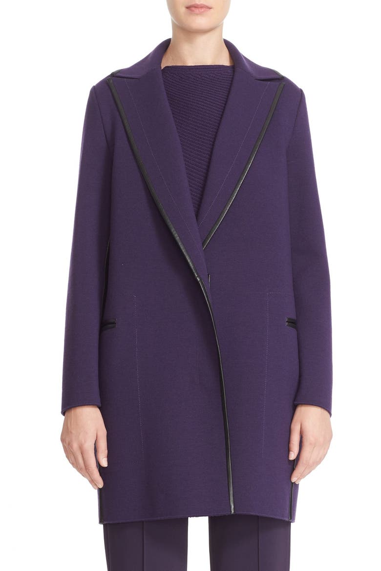 Leather Trim Merino Wool Coat, Main, color, PURPLE