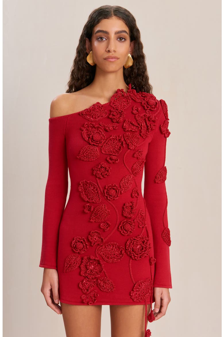 Kaela Floral Appliqué One-Shoulder Long Sleeve Sweater Minidress, Alternate, color, MERLOT