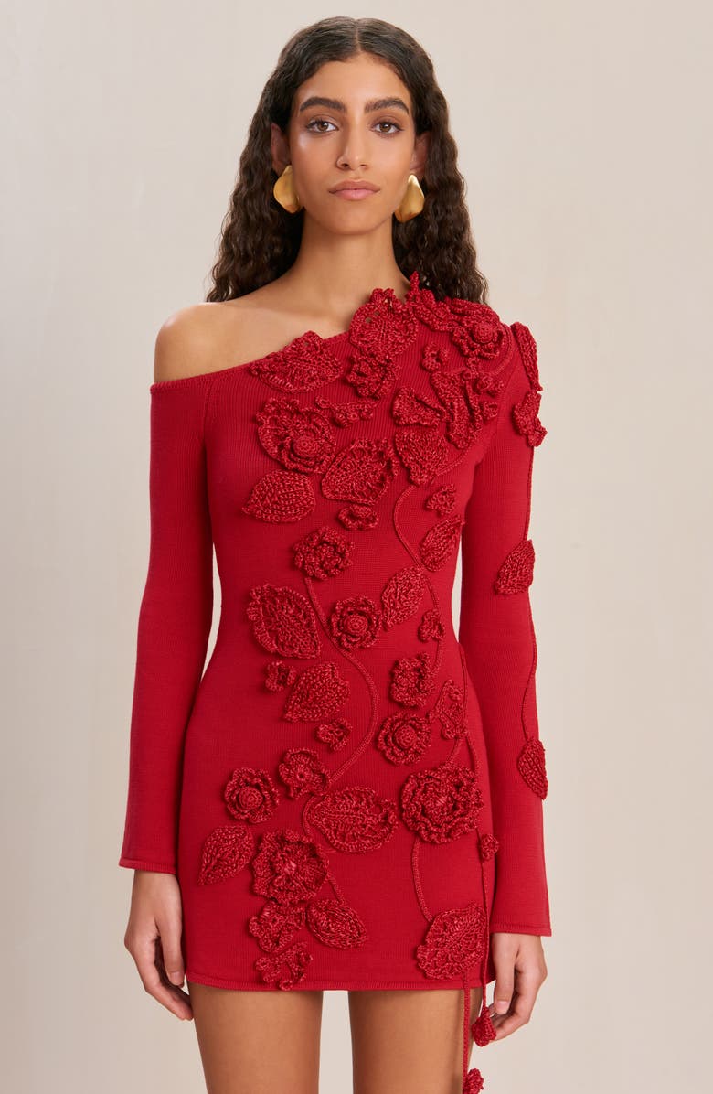 Cult Gaia Kaela Floral Appliqué One-Shoulder Long Sleeve Sweater Minidress, Alternate, color,