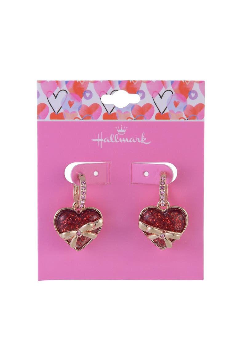 Gold Tone Huggie Hoop Earrings with Red Glitter Heart Drop, Alternate, color, Red