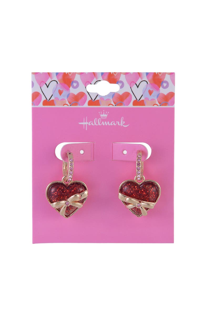 Hallmark Gold Tone Huggie Hoop Earrings with Red Glitter Heart Drop, Alternate, color, Red