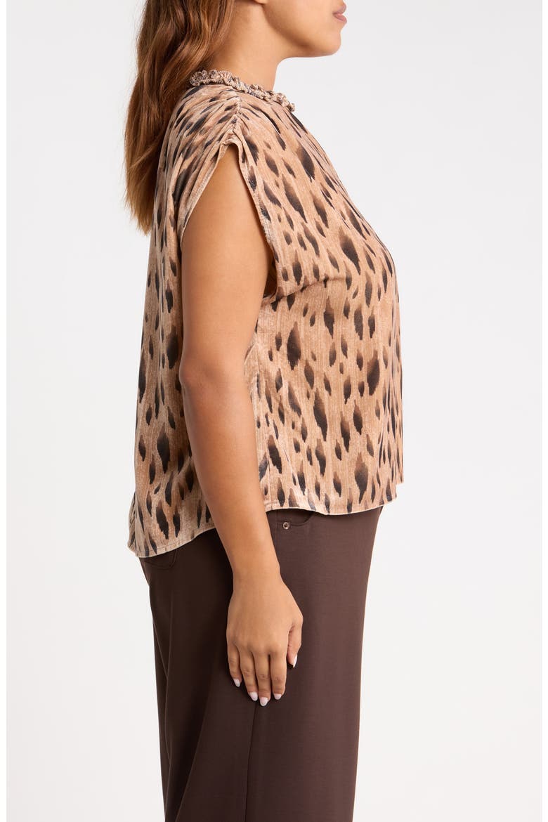 Smocked Ruffle Neck Top, Alternate, color, CARAMEL LATTE/ CHARCOAL MULTI