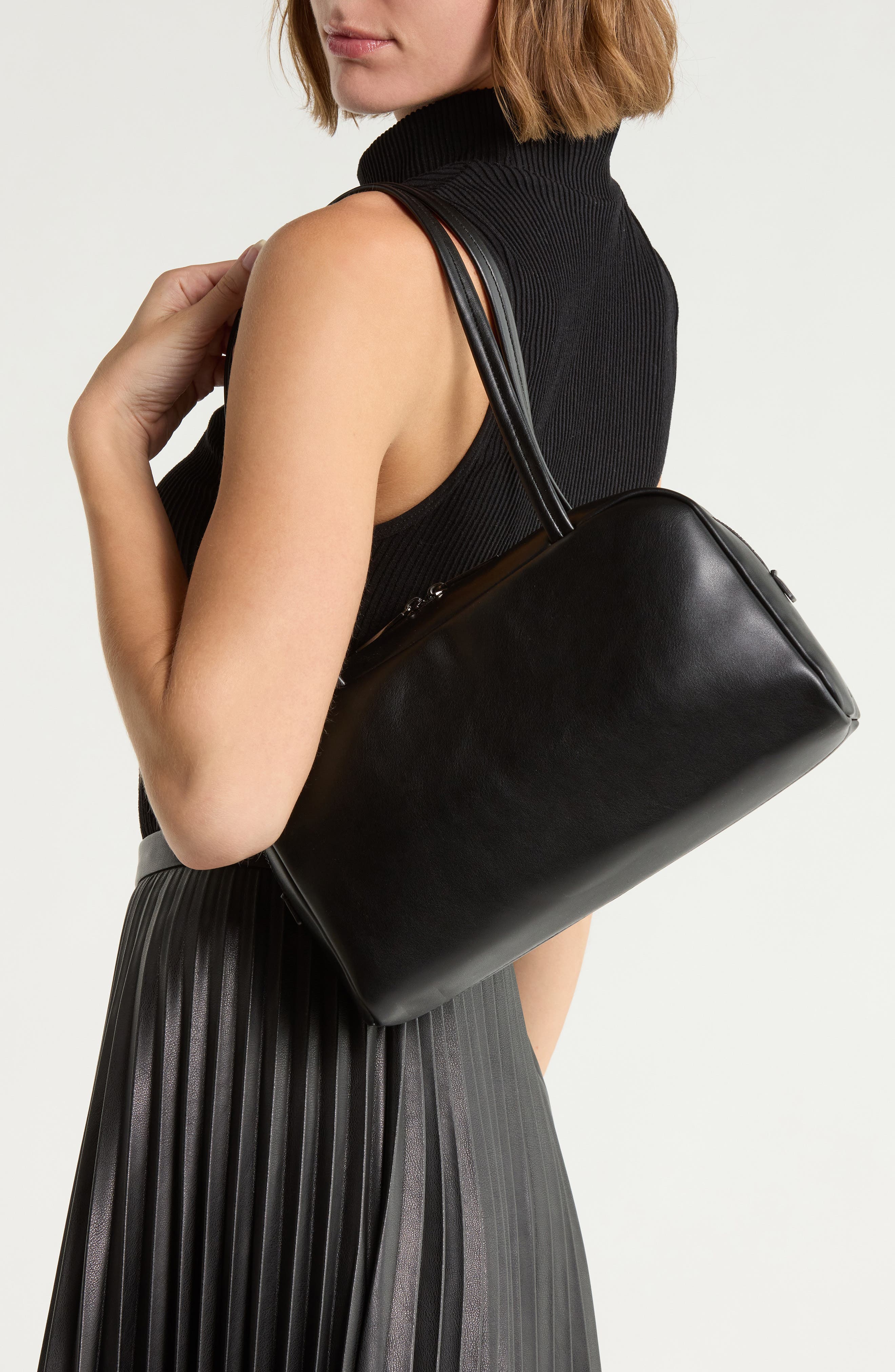 Bowler Faux Leather Shoulder Bag, Alternate, color, BLACK