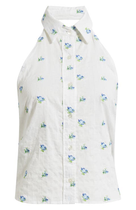 Sleeveless Button-Up Cotton Halter Top