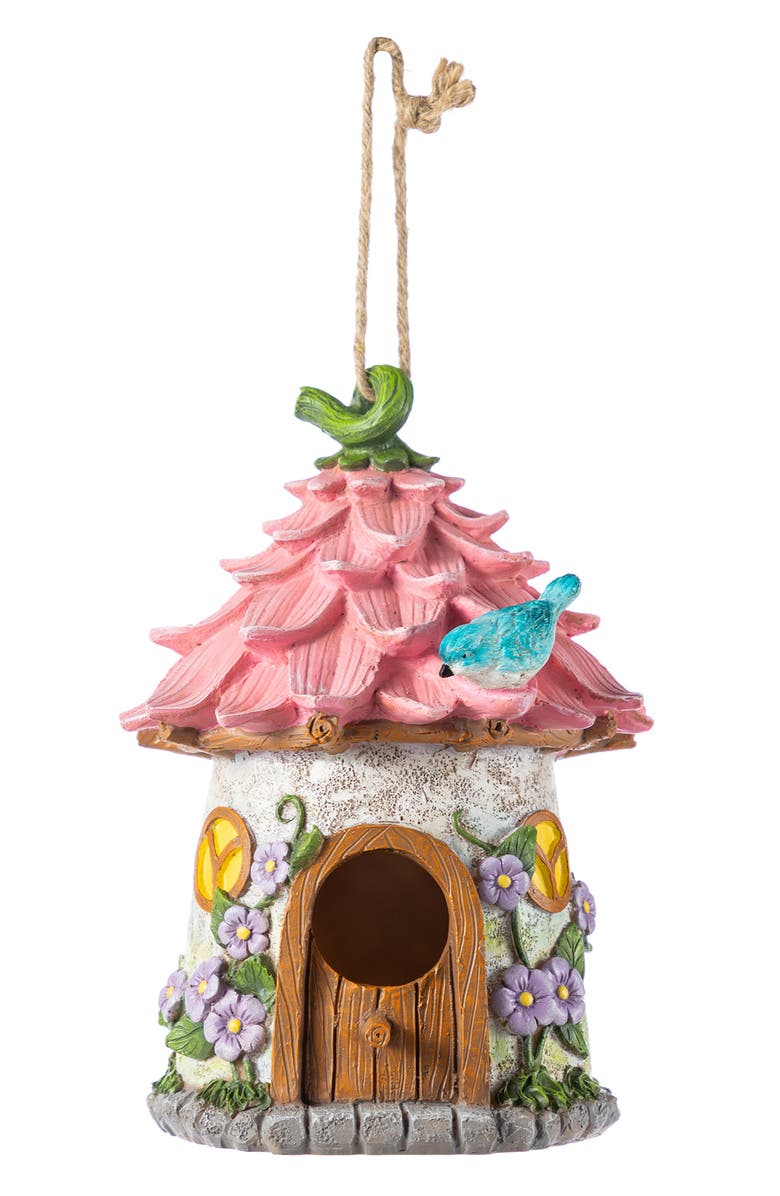 Glitzhome 9"H Resin Colorful Roof Outdoor Garden Birdhouse, Alternate, color, Pink