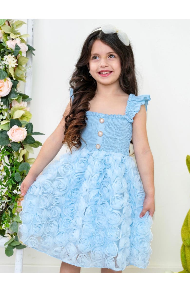 Mia Belle Girls Bluebell Bloom Pearl Button Rosette Tulle Dress, Alternate, color, Blue