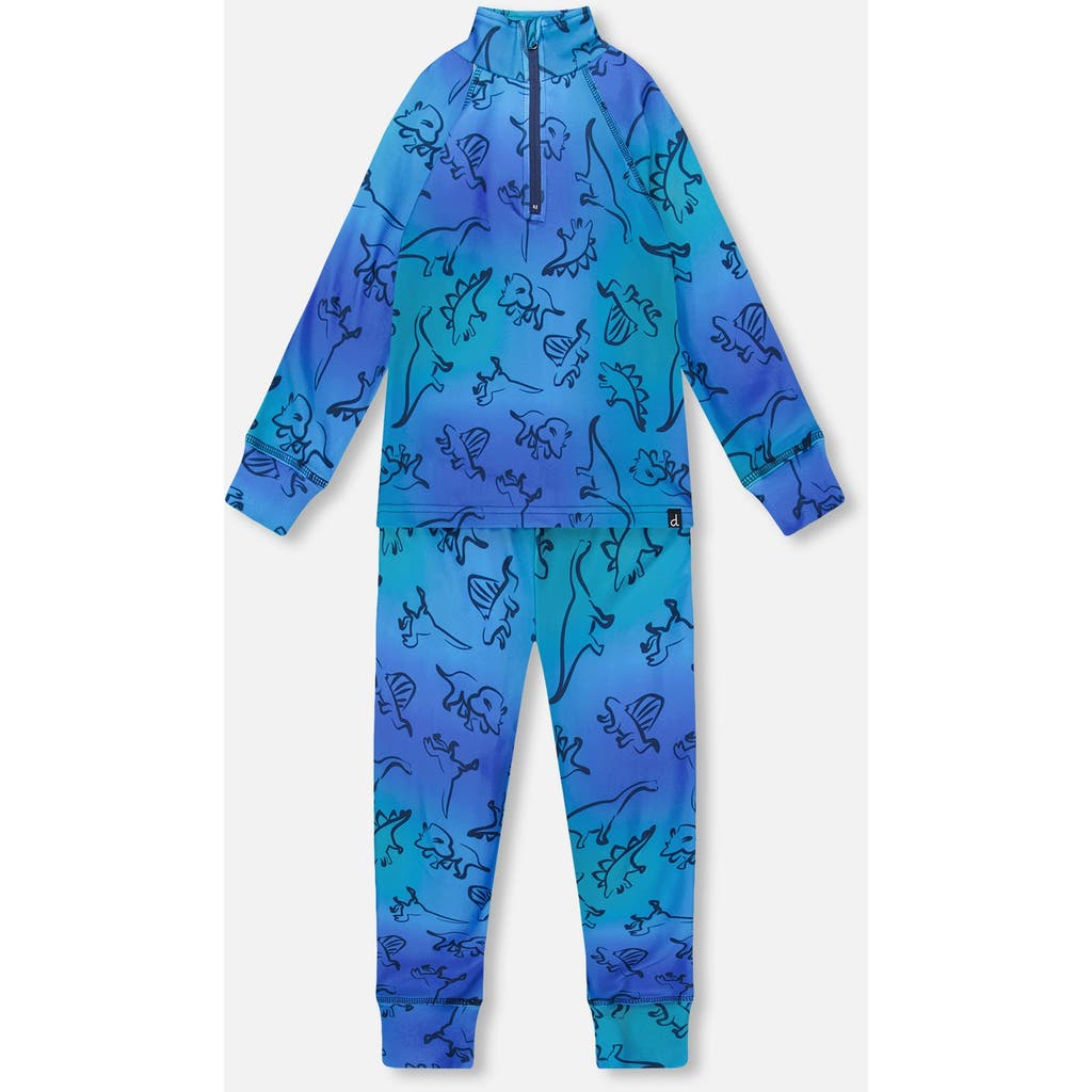 Deux Par Deux Two-piece Thermal Underwear Set Dinosaur In Blue
