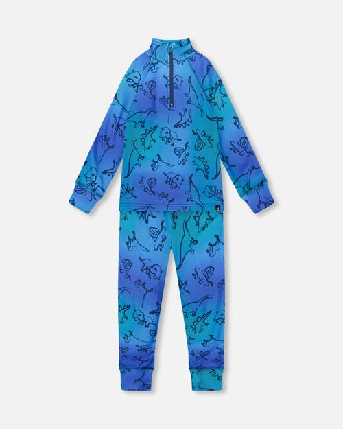 Deux Par Deux Two-piece Thermal Underwear Set Dinosaur In Blue