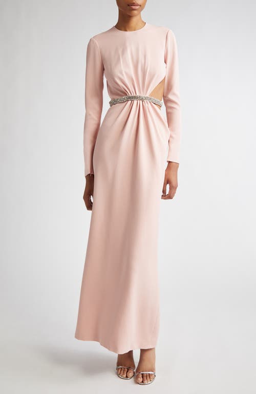 Giambattista Valli Rhinestone Belted Side Cutout Long Sleeve Dress in Quartz Rose 