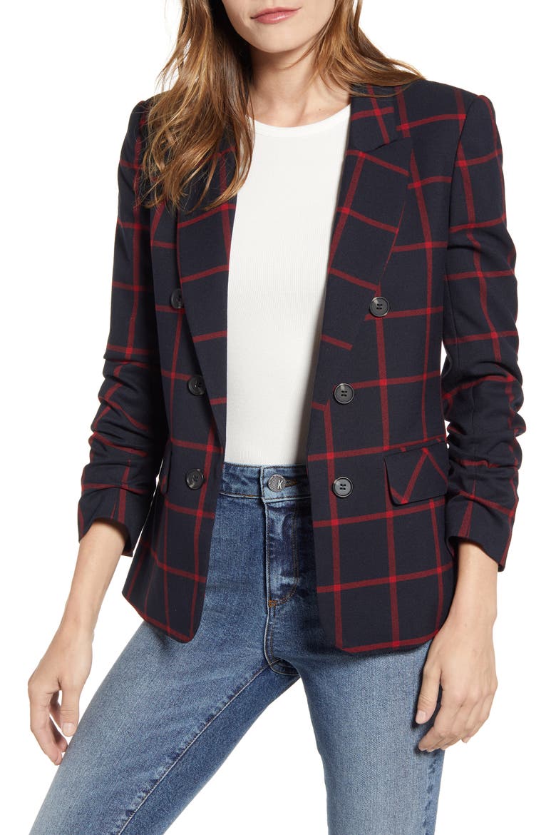 Windowpane Check Ruched Sleeve Blazer, Main, color, RICH BLACK