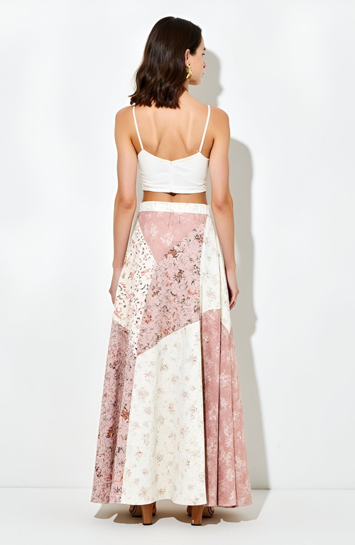 Modenaire Patchwork Floral Chevron Panel Maxi Skirt In Multi